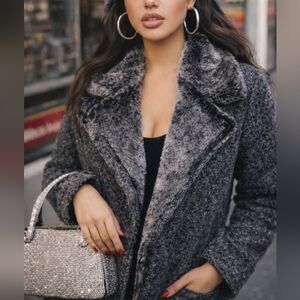 Mango Wool Trench Coat Winter Size 6 Gray Faux Fur Pockets Classic Penny Lane